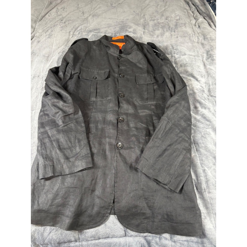 Inserch Limited Edition Mens XL Black 100% Linen Military Field Jacket Mandarin